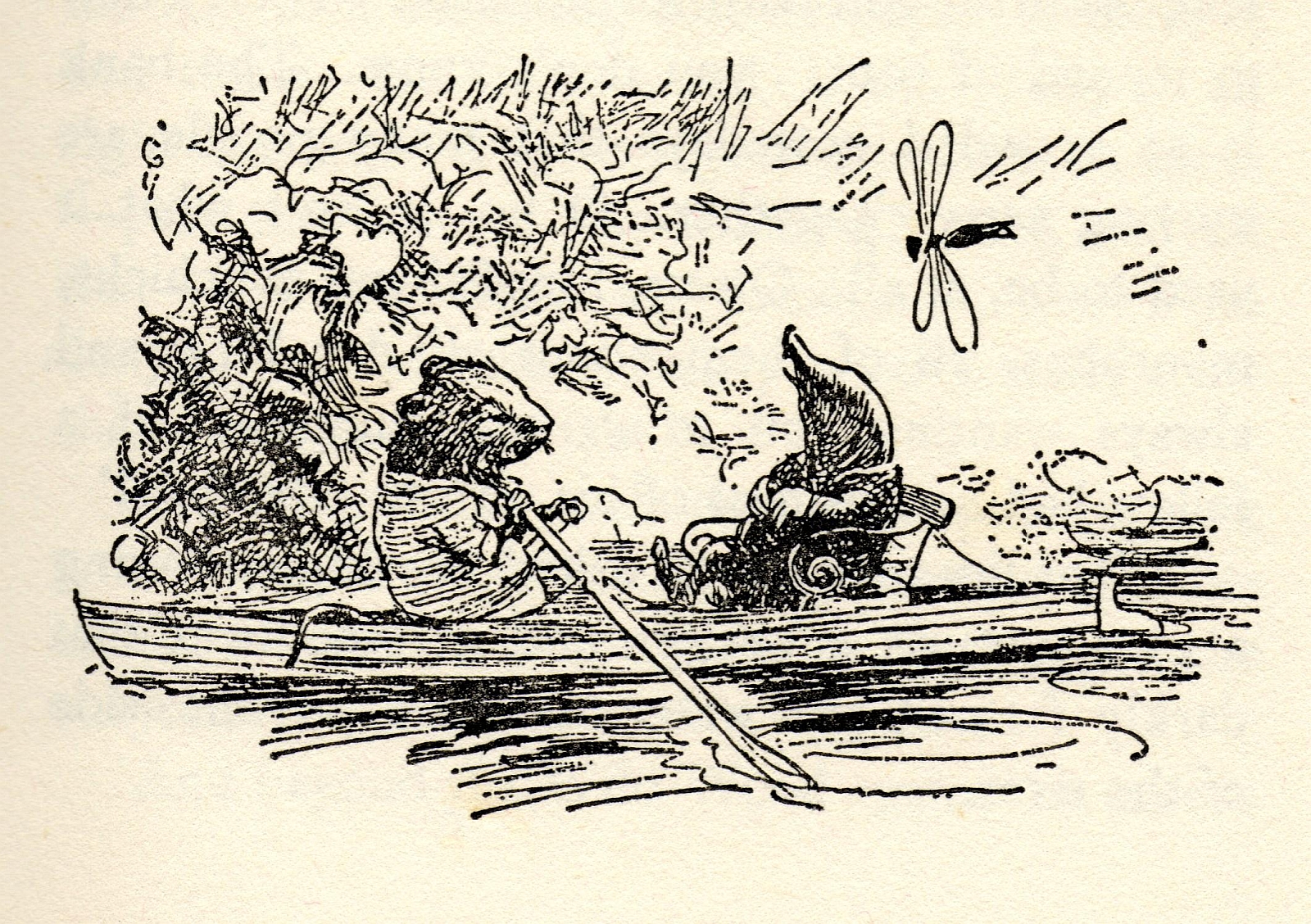 Line drawing showing Ratty and Mole in a rowing boat. Ratty is rowing while Mole looks at the riverbank. A dragonfly hovers above.